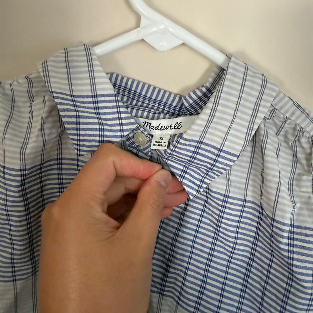 Madewell | NEW Blue Window Pane Preppy Short Sleeve 1/2 Button Up Blouse Sz XS - Picture 4 of 8